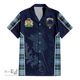 ScotsTee Shop Scottish Clark (Lion) Ancient Clan Scottish Crest and Scottish Thistle Sport Tartan Short Sleeve Shirt