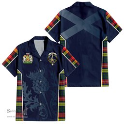 ScotsTee Shop Scottish Dewar Clan Scottish Crest and Scottish Thistle Sport Tartan Short Sleeve Shirt