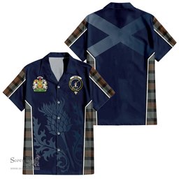 ScotsTee Shop Scottish Gunn Weathered Clan Scottish Crest and Scottish Thistle Sport Tartan Short Sleeve Shirt