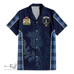 ScotsTee Shop Scottish MacKay Blue Clan Scottish Crest and Scottish Thistle Sport Tartan Short Sleeve Shirt