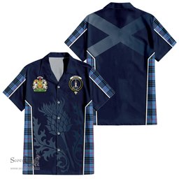 ScotsTee Shop Scottish MacKay Blue Clan Scottish Crest and Scottish Thistle Sport Tartan Short Sleeve Shirt