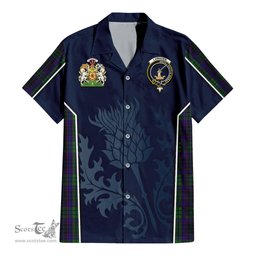 ScotsTee Shop Scottish Lumsden Green Clan Scottish Crest and Scottish Thistle Sport Tartan Short Sleeve Shirt
