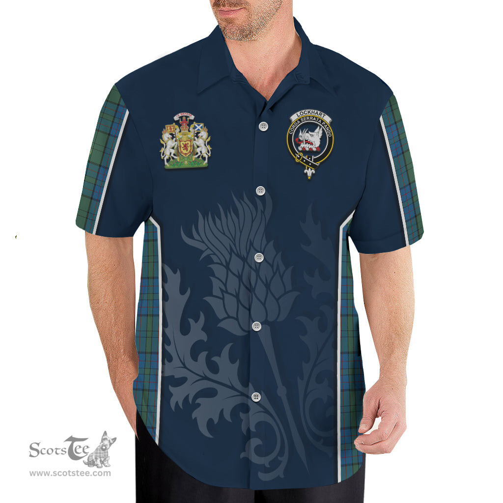 ScotsTee Shop Scottish Lockhart Clan Scottish Crest and Scottish Thistle Sport Tartan Short Sleeve Shirt