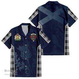 ScotsTee Shop Scottish MacLeod Black and White Clan Scottish Crest and Scottish Thistle Sport Tartan Short Sleeve Shirt