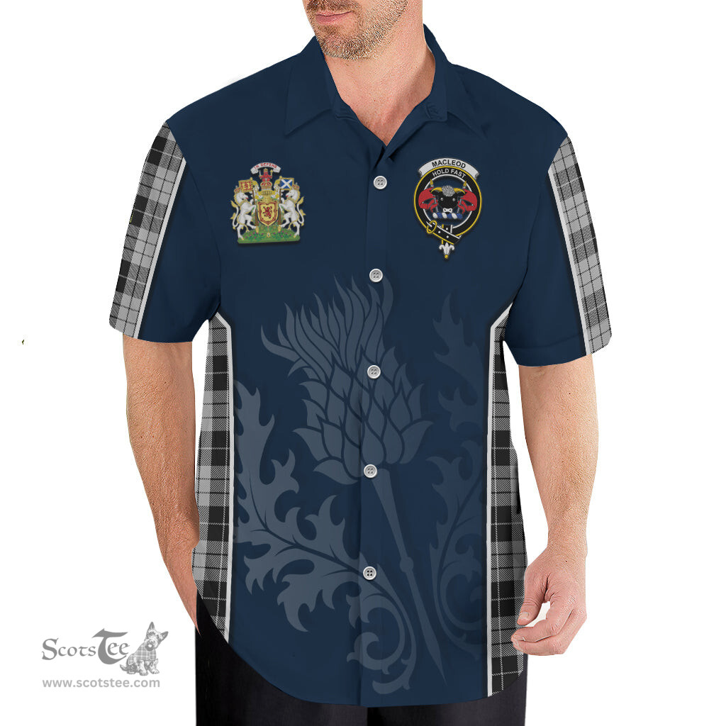 ScotsTee Shop Scottish MacLeod Black and White Clan Scottish Crest and Scottish Thistle Sport Tartan Short Sleeve Shirt