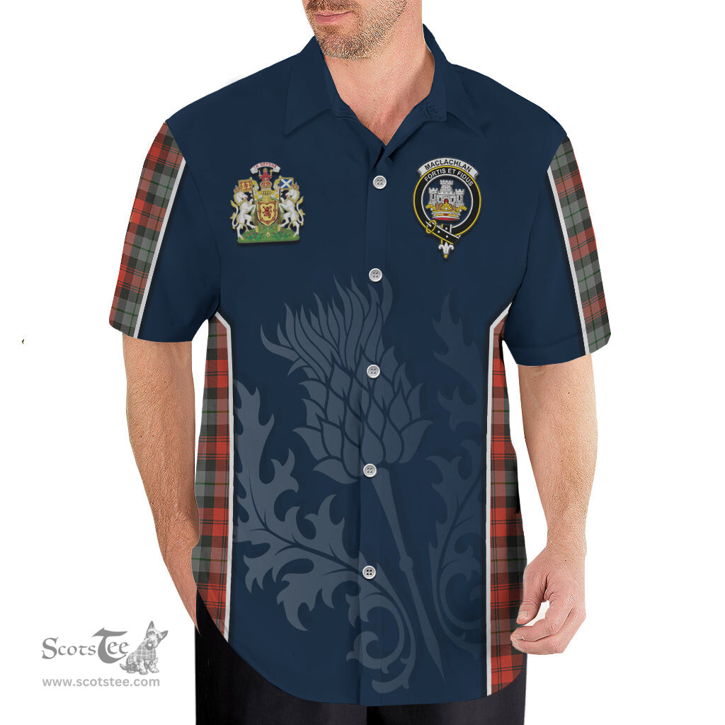 ScotsTee Shop Scottish MacLachlan Weathered Clan Scottish Crest and Scottish Thistle Sport Tartan Short Sleeve Shirt