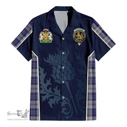 ScotsTee Shop Scottish MacPherson Dress Blue Clan Scottish Crest and Scottish Thistle Sport Tartan Short Sleeve Shirt