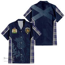 ScotsTee Shop Scottish MacPherson Dress Blue Clan Scottish Crest and Scottish Thistle Sport Tartan Short Sleeve Shirt