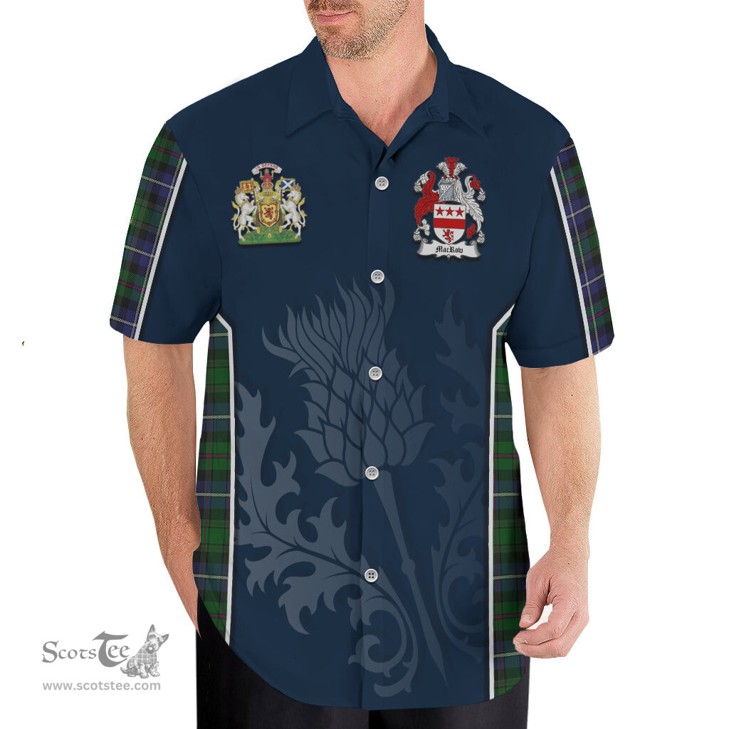 ScotsTee Shop Scottish MacRow Hunting Clan Scottish Crest and Scottish Thistle Sport Tartan Short Sleeve Shirt