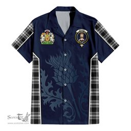 ScotsTee Shop Scottish Menzies Black and White Clan Scottish Crest and Scottish Thistle Sport Tartan Short Sleeve Shirt