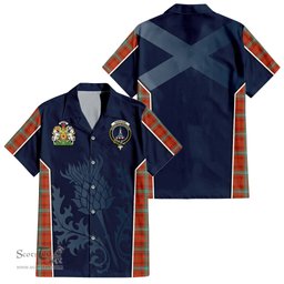 ScotsTee Shop Scottish Morrison Red Ancient Clan Scottish Crest and Scottish Thistle Sport Tartan Short Sleeve Shirt