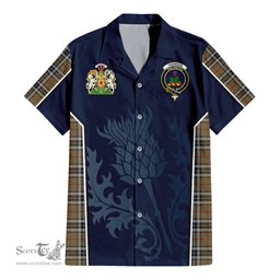 ScotsTee Shop Scottish Thomson Camel Clan Scottish Crest and Scottish Thistle Sport Tartan Short Sleeve Shirt