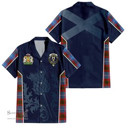 ScotsTee Shop Scottish Preston Clan Scottish Crest and Scottish Thistle Sport Tartan Short Sleeve Shirt
