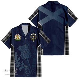 ScotsTee Shop Scottish Stewart Black and White Clan Scottish Crest and Scottish Thistle Sport Tartan Short Sleeve Shirt