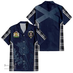 ScotsTee Shop Scottish Menzies Black Dress Clan Scottish Crest and Scottish Thistle Sport Tartan Short Sleeve Shirt