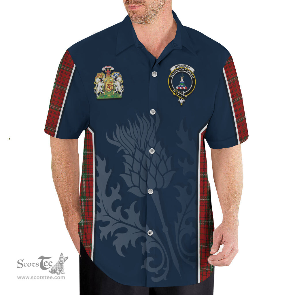 ScotsTee Shop Scottish Morrison Red Clan Scottish Crest and Scottish Thistle Sport Tartan Short Sleeve Shirt