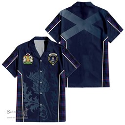 ScotsTee Shop Scottish McCoy Blue Clan Scottish Crest and Scottish Thistle Sport Tartan Short Sleeve Shirt