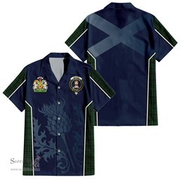 ScotsTee Shop Scottish Menzies Green Clan Scottish Crest and Scottish Thistle Sport Tartan Short Sleeve Shirt