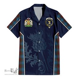 ScotsTee Shop Scottish Stewart Royal Blue Clan Scottish Crest and Scottish Thistle Sport Tartan Short Sleeve Shirt