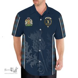 ScotsTee Shop Scottish Stewart Royal Blue Clan Scottish Crest and Scottish Thistle Sport Tartan Short Sleeve Shirt