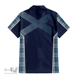 ScotsTee Shop Scottish Menzies Dress Blue and White Clan Scottish Crest and Scottish Thistle Sport Tartan Short Sleeve Shirt