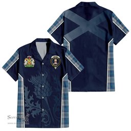 ScotsTee Shop Scottish Menzies Dress Blue and White Clan Scottish Crest and Scottish Thistle Sport Tartan Short Sleeve Shirt