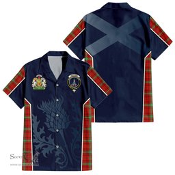 ScotsTee Shop Scottish Morrison Red Modern Clan Scottish Crest and Scottish Thistle Sport Tartan Short Sleeve Shirt