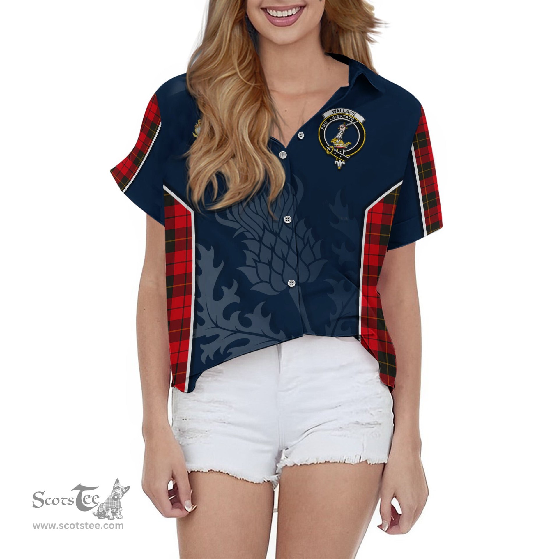 ScotsTee Shop Scottish Wallace Weathered Clan Scottish Crest and Scottish Thistle Sport Tartan Women Casual Shirt - Classic