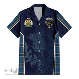 ScotsTee Shop Scottish Thomson Dress Blue Clan Scottish Crest and Scottish Thistle Sport Tartan Women Casual Shirt - Classic
