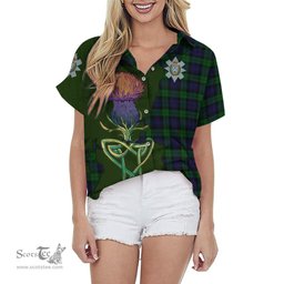 ScotsTee Shop Scottish Black Watch Clan Tartan Crest with Thistle and Scotland Map Tartan Women Casual Shirt - Classic