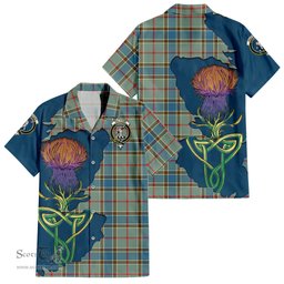 ScotsTee Shop Scottish Balfour Blue Clan Tartan Crest with Thistle and Scotland Map Tartan Women Casual Shirt - Classic