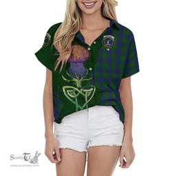 ScotsTee Shop Scottish Barclay Clan Tartan Crest with Thistle and Scotland Map Tartan Women Casual Shirt - Classic