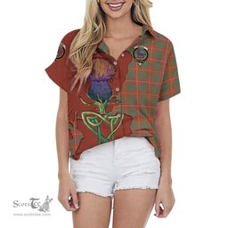 ScotsTee Shop Scottish Bruce Ancient Clan Tartan Crest with Thistle and Scotland Map Tartan Women Casual Shirt - Classic