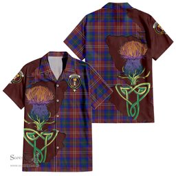 ScotsTee Shop Scottish Chisholm Hunting Modern Clan Tartan Crest with Thistle and Scotland Map Tartan Women Casual Shirt - Classic