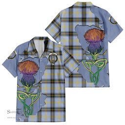 ScotsTee Shop Scottish Bell Clan Tartan Crest with Thistle and Scotland Map Tartan Women Casual Shirt - Classic