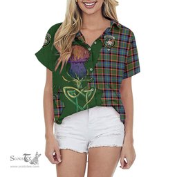 ScotsTee Shop Scottish Aikenhead Clan Tartan Crest with Thistle and Scotland Map Tartan Women Casual Shirt - Classic