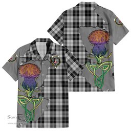 ScotsTee Shop Scottish Erskine Black and White Clan Tartan Crest with Thistle and Scotland Map Tartan Women Casual Shirt - Classic