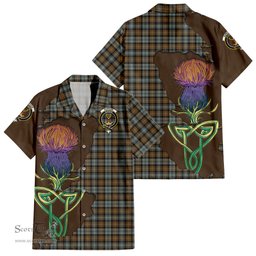 ScotsTee Shop Scottish Gordon Weathered Clan Tartan Crest with Thistle and Scotland Map Tartan Women Casual Shirt - Classic