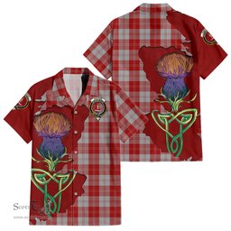ScotsTee Shop Scottish Erskine Red Clan Tartan Crest with Thistle and Scotland Map Tartan Women Casual Shirt - Classic