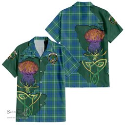 ScotsTee Shop Scottish Hamilton Hunting Ancient Clan Tartan Crest with Thistle and Scotland Map Tartan Women Casual Shirt - Classic