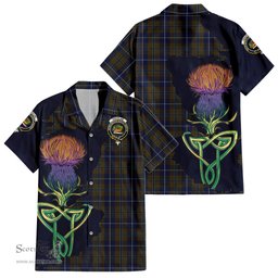 ScotsTee Shop Scottish Douglas Brown Clan Tartan Crest with Thistle and Scotland Map Tartan Women Casual Shirt - Classic