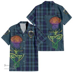 ScotsTee Shop Scottish Hannay Blue Clan Tartan Crest with Thistle and Scotland Map Tartan Women Casual Shirt - Classic
