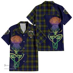 ScotsTee Shop Scottish MacLaren Modern Clan Tartan Crest with Thistle and Scotland Map Tartan Women Casual Shirt - Classic