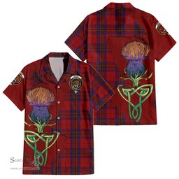 ScotsTee Shop Scottish Leslie Red Clan Tartan Crest with Thistle and Scotland Map Tartan Women Casual Shirt - Classic