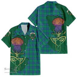 ScotsTee Shop Scottish Irvine Ancient Clan Tartan Crest with Thistle and Scotland Map Tartan Women Casual Shirt - Classic
