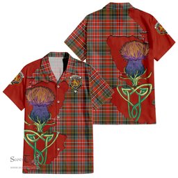 ScotsTee Shop Scottish MacPherson Weathered Clan Tartan Crest with Thistle and Scotland Map Tartan Women Casual Shirt - Classic