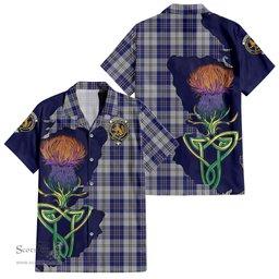 ScotsTee Shop Scottish MacPherson Dress Blue Clan Tartan Crest with Thistle and Scotland Map Tartan Women Casual Shirt - Classic