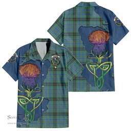 ScotsTee Shop Scottish MacInnes Ancient Clan Tartan Crest with Thistle and Scotland Map Tartan Women Casual Shirt - Classic