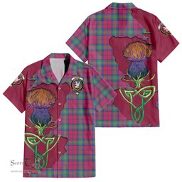 ScotsTee Shop Scottish Lindsay Ancient Clan Tartan Crest with Thistle and Scotland Map Tartan Women Casual Shirt - Classic