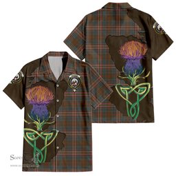 ScotsTee Shop Scottish Kennedy Weathered Clan Tartan Crest with Thistle and Scotland Map Tartan Women Casual Shirt - Classic